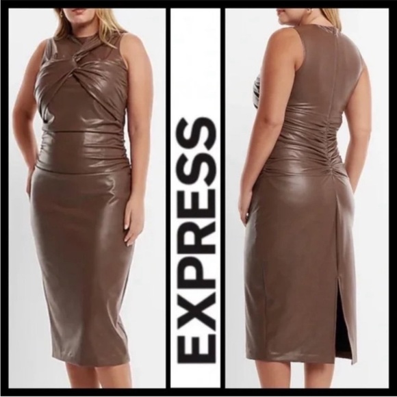 Express Body Contour Faux Leather Twist Front Midi Dress Built-in Shapewear - Picture 3 of 7